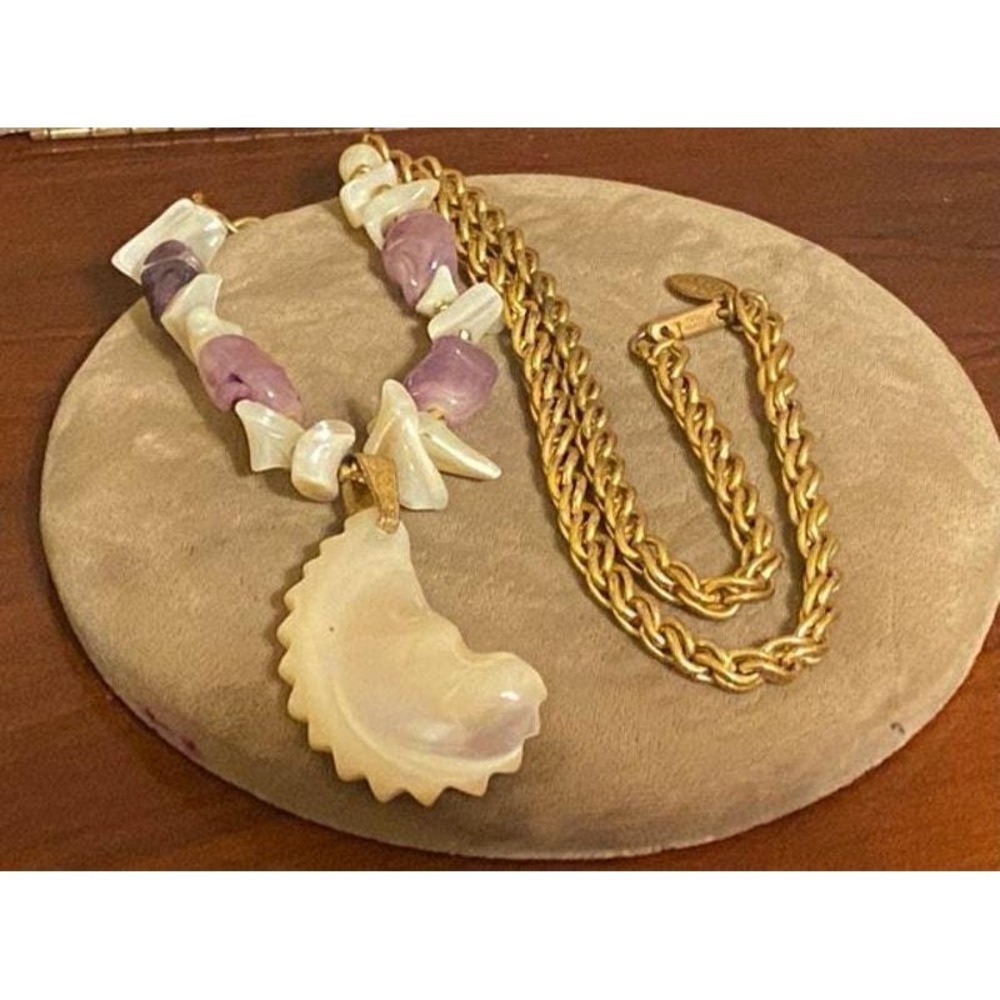 Miriam Haskell Goldtone Amethyst and MOP Shell Pendant Necklace 23" - Picture 2 of 8